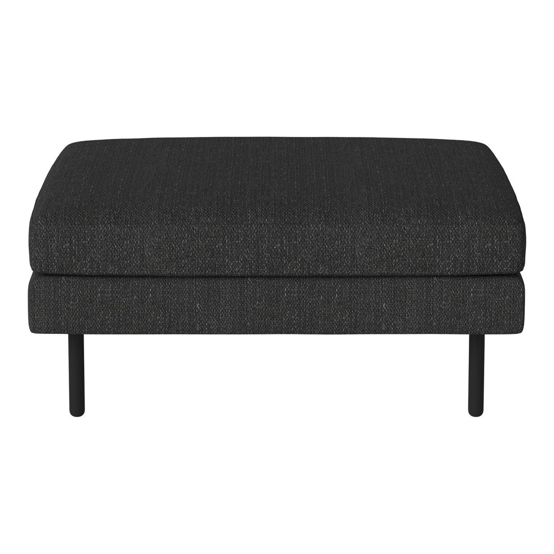 "Gray upholstered ottoman with a textured pattern and sturdy black metal legs."