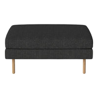 Dark gray upholstered ottoman with a smooth texture and natural wood legs, perfect for modern decor.