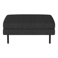 Textured dark gray ottoman with a sleek design and minimalist black legs, perfect for modern decor.