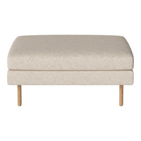 Beige upholstered ottoman with textured fabric and natural wooden legs. Perfect for modern decor.