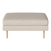 Beige upholstered ottoman with a smooth texture and wooden legs, perfect for modern decor.