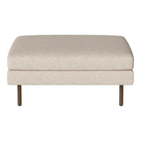Beige fabric ottoman with subtle textured pattern, complemented by metallic legs for a modern touch.