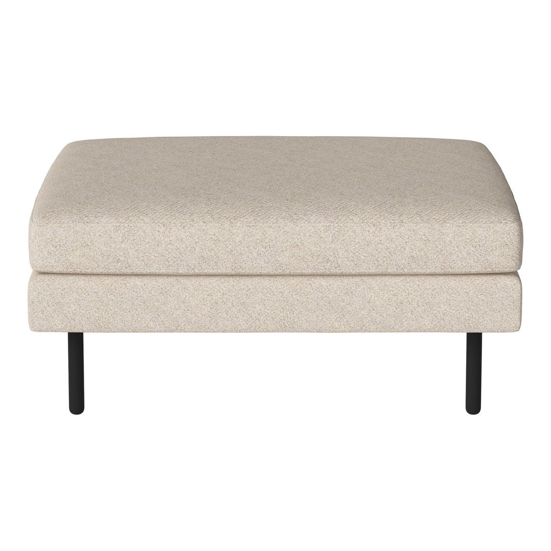 Beige upholstered ottoman with a smooth texture and black legs, perfect for modern decor.