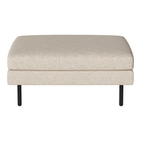 Beige upholstered ottoman with a smooth texture and black legs, perfect for modern decor.