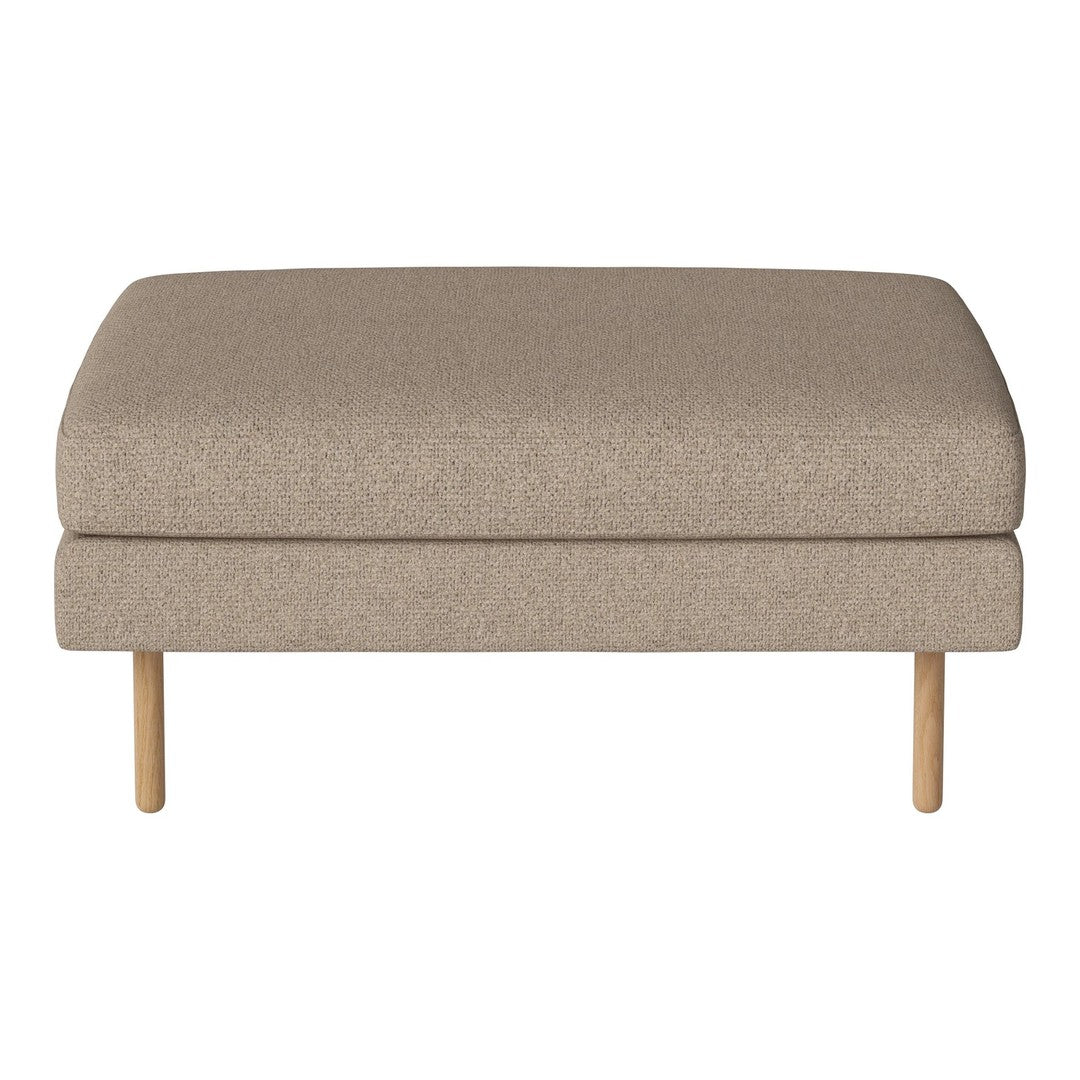 Beige upholstered ottoman with a smooth texture and simple wooden legs, perfect for modern decor.