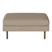 Beige upholstered ottoman with a smooth, solid surface and minimalist design, featuring wooden legs.