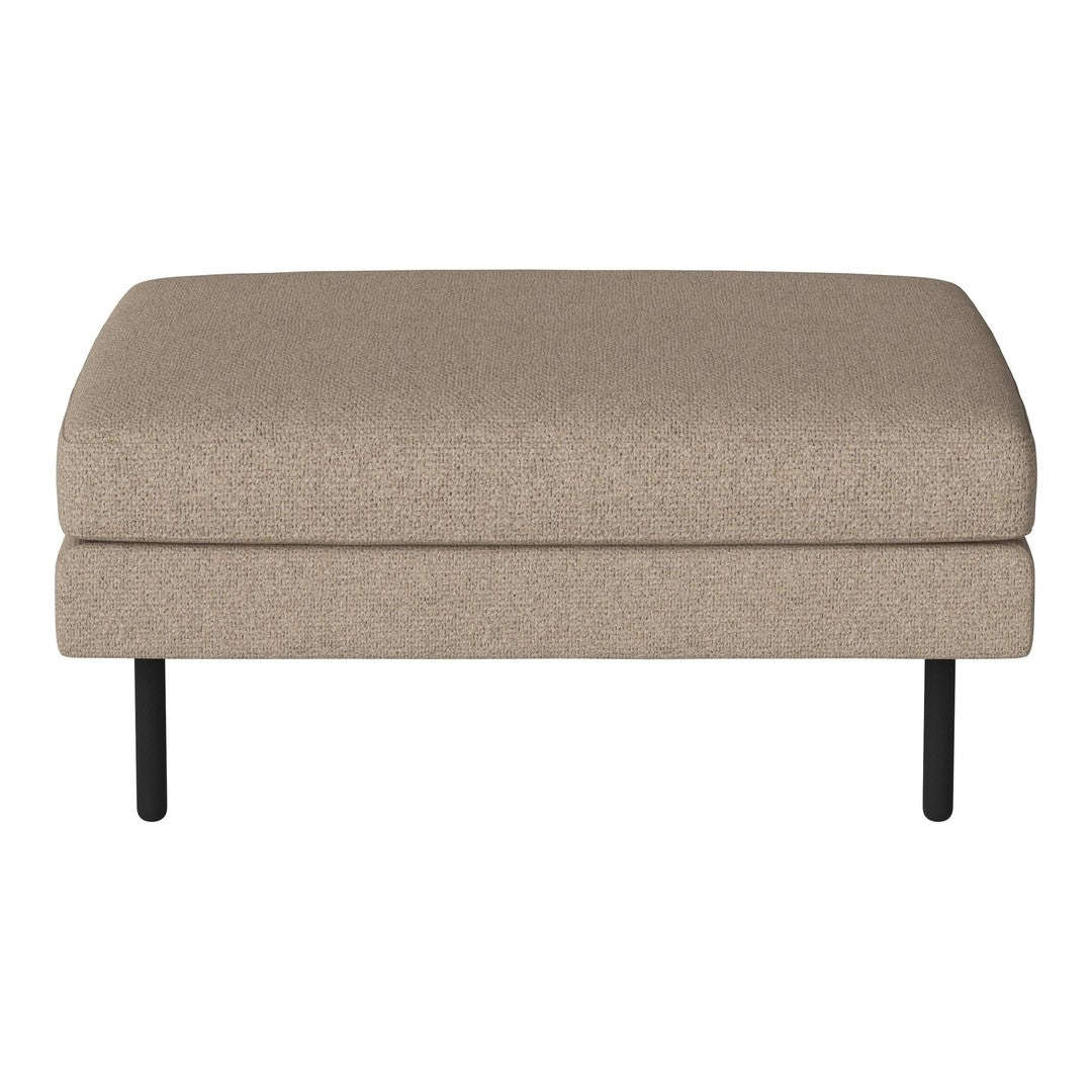 Beige upholstered ottoman with a smooth texture and black metal legs. Perfect for modern home decor.