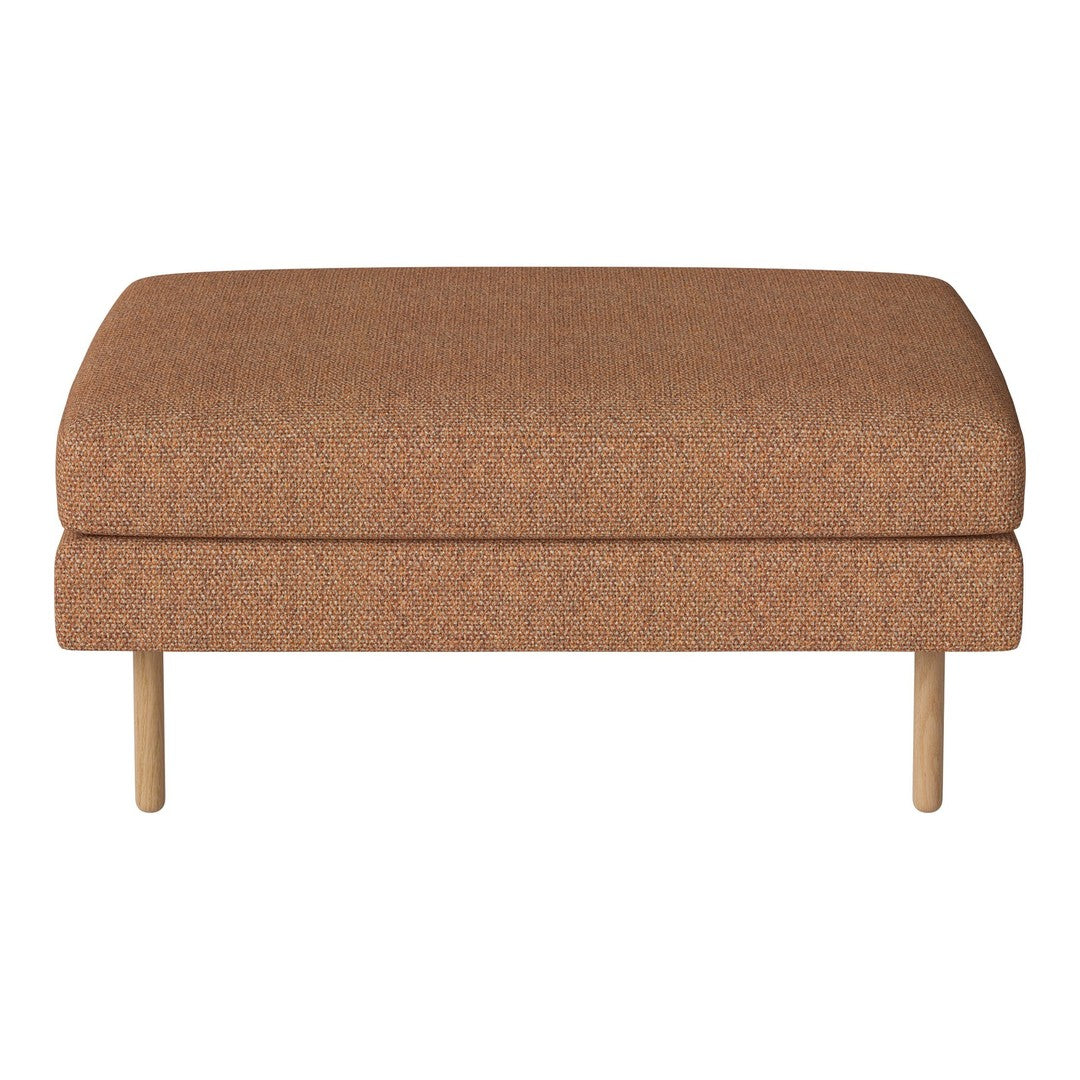 Brown upholstered ottoman with subtle texture and wooden legs. Perfect for modern decor.