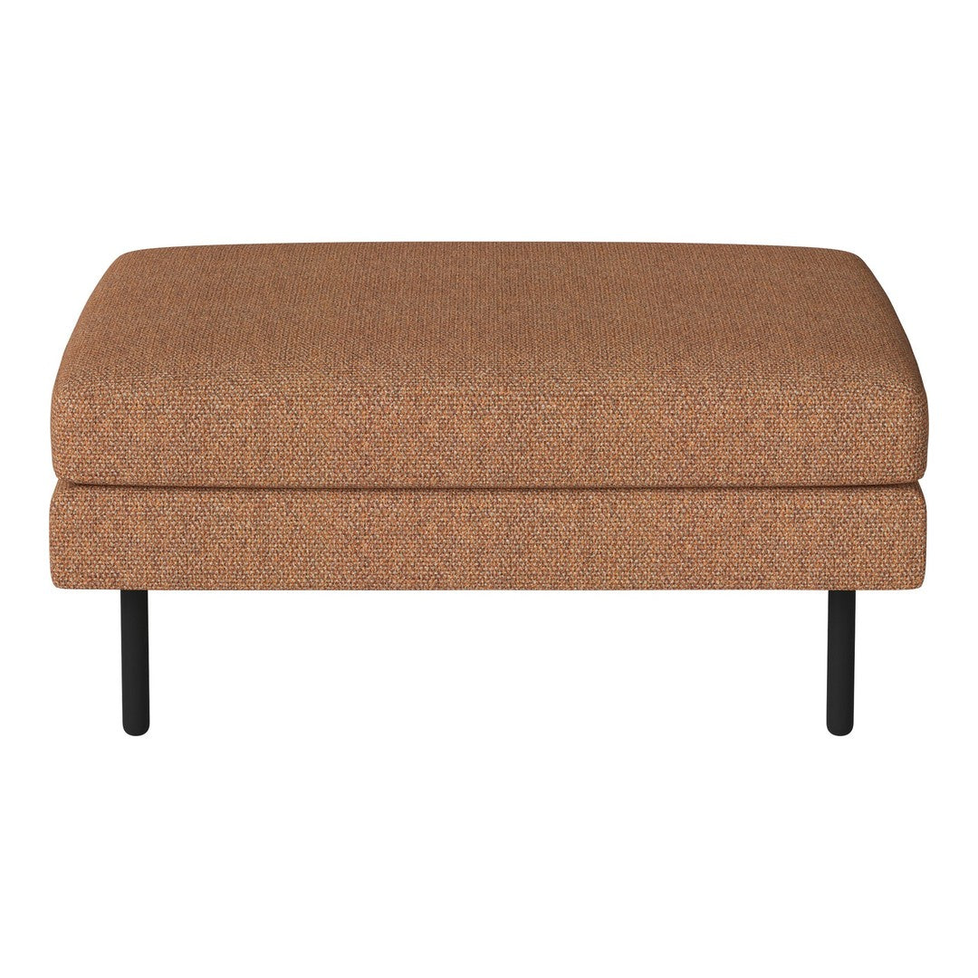 Brown upholstered ottoman with subtle texture and minimalist black metal legs. Ideal for modern living spaces.