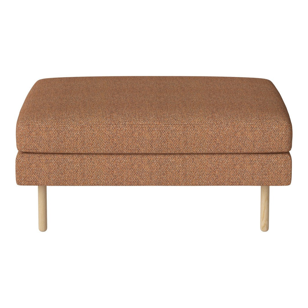 Brown textured ottoman with a smooth surface and light wooden legs. Ideal for modern living spaces.