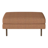 Soft brown upholstered ottoman with a seamless design, resting on sleek metal legs. Perfect for modern decor.