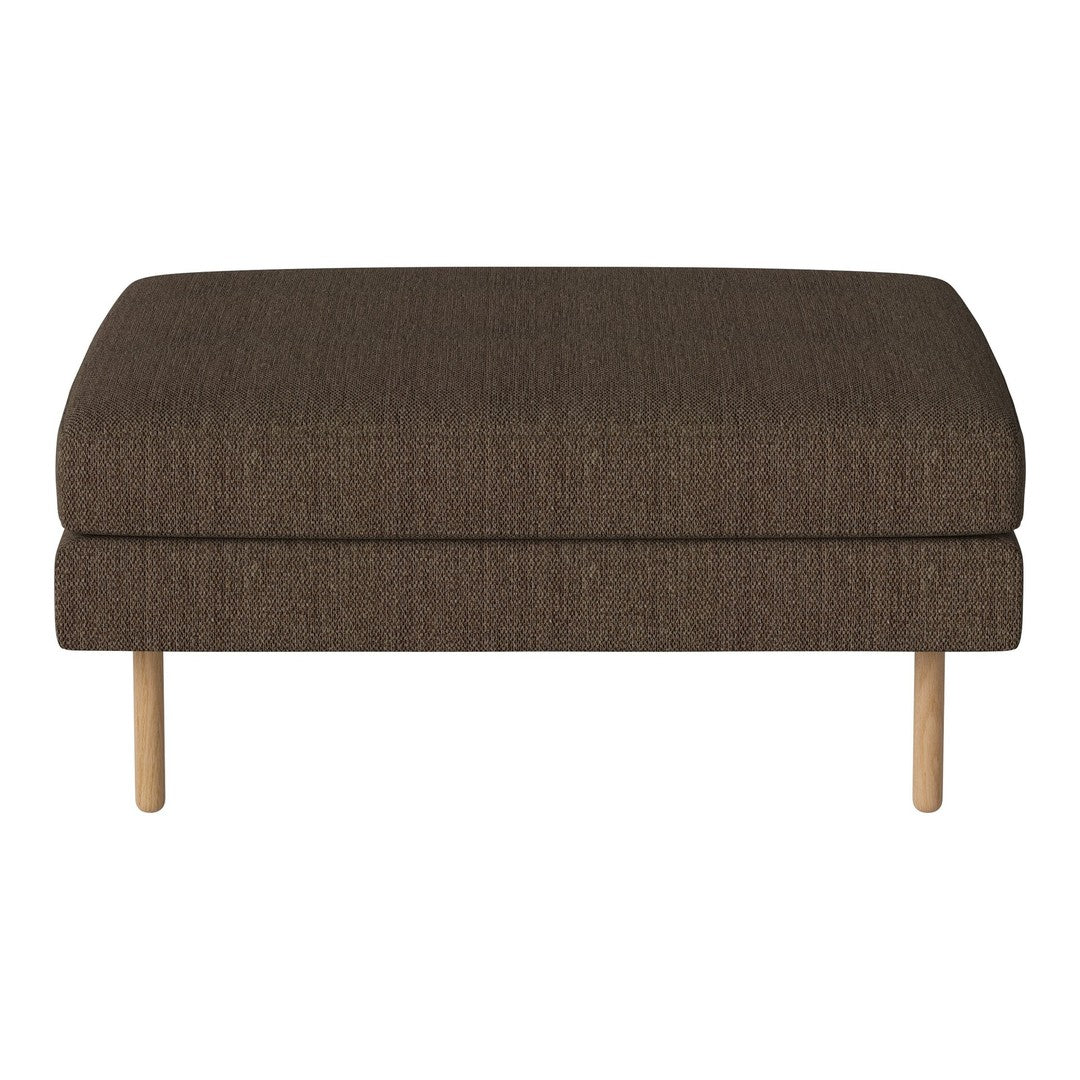 Brown upholstered ottoman with a textured fabric and natural wooden legs. Perfect for modern living spaces.