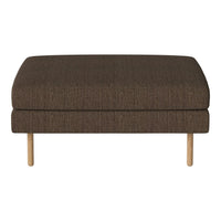 Brown upholstered ottoman with a textured fabric and natural wooden legs. Perfect for modern living spaces.