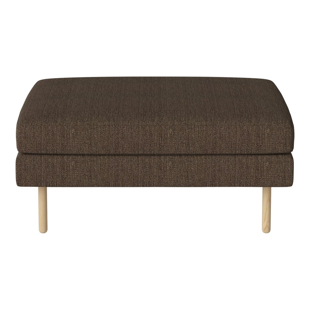 Brown textured ottoman with a smooth surface and light wooden legs, perfect for modern decor.