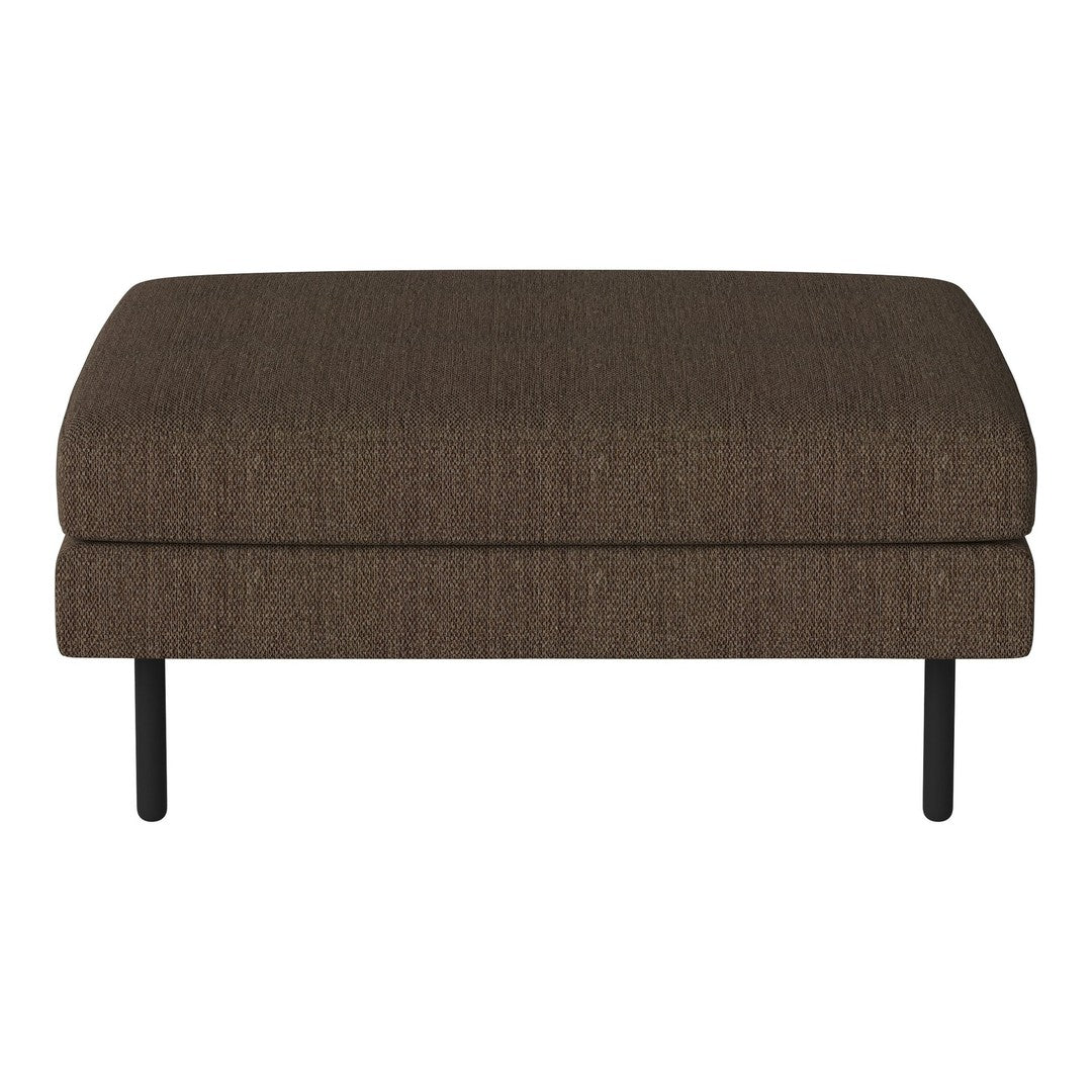 Brown upholstered ottoman with a textured pattern and sleek black legs. Stylish and versatile for any decor.