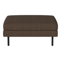 Brown upholstered ottoman with a textured pattern and sleek black legs. Stylish and versatile for any decor.