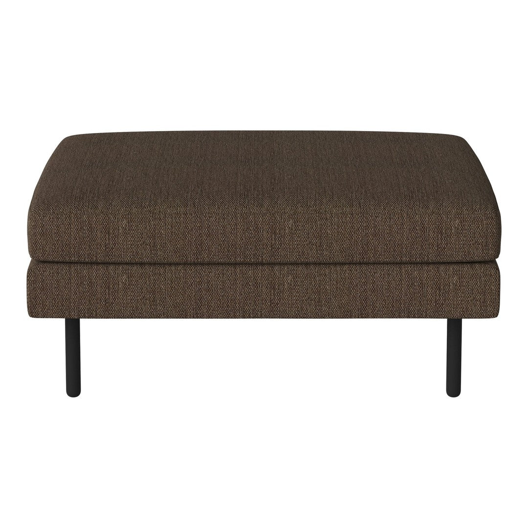 Brown upholstered ottoman with a textured fabric and sleek black legs, perfect for modern decor.