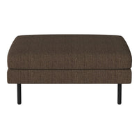 Brown upholstered ottoman with a textured fabric and sleek black legs, perfect for modern decor.