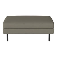 Gray upholstered ottoman with a smooth texture and minimalistic black metal legs. Ideal for any modern decor.