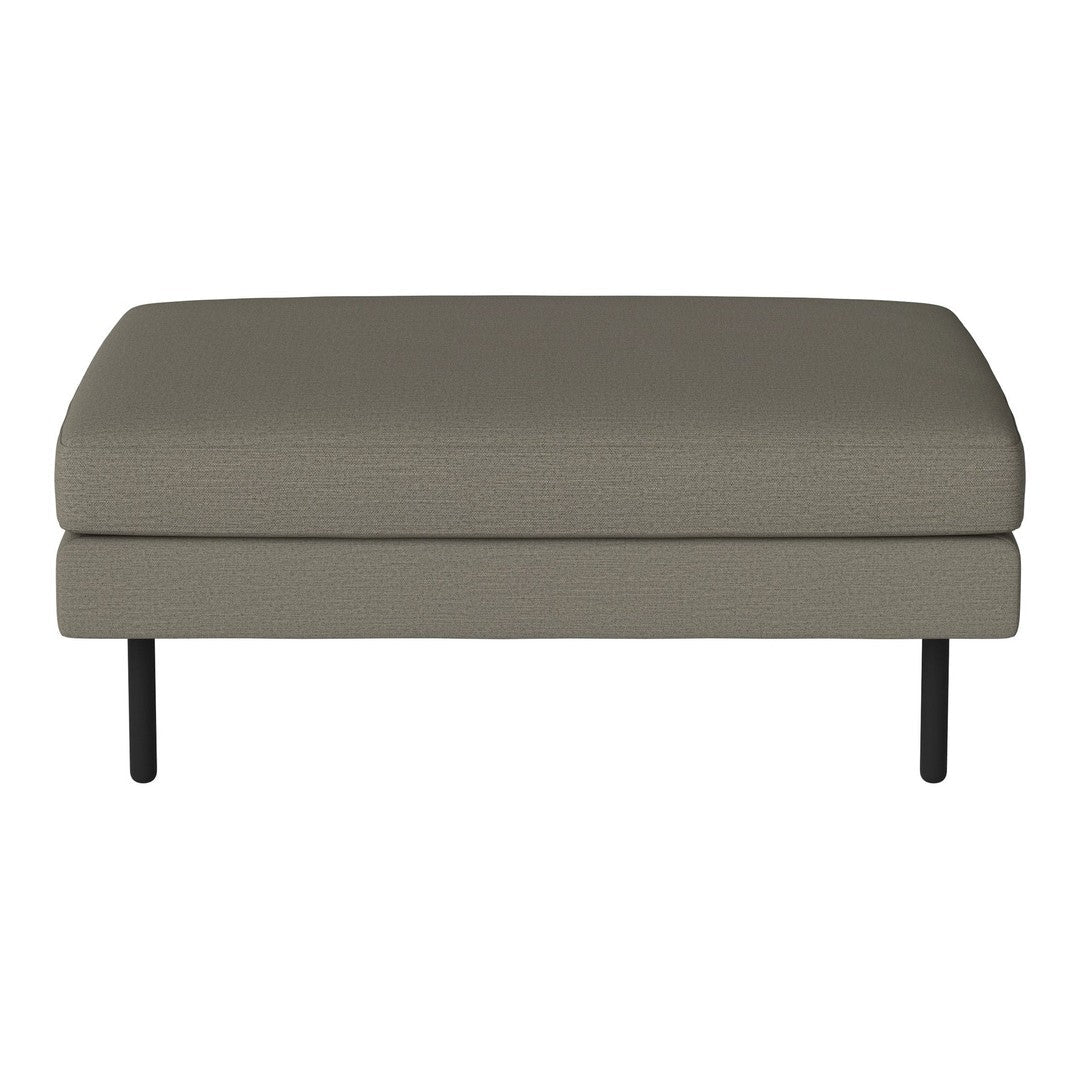 Light gray upholstered ottoman with a smooth texture and minimalist design, featuring black metal legs.