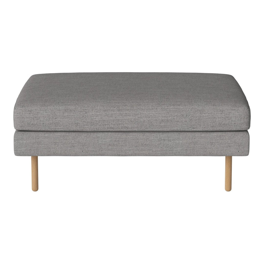 Gray upholstered ottoman with clean lines and light wooden legs, showcasing a modern and minimalist design.