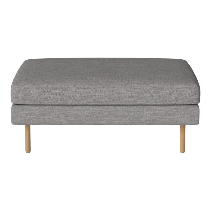 Gray upholstered ottoman with clean lines and light wooden legs, showcasing a modern and minimalist design.