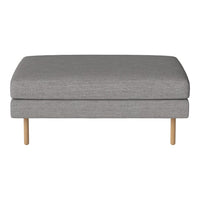 Gray upholstered ottoman with a smooth texture and minimalist design, featuring natural wooden legs.
