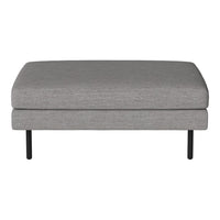 Grey upholstered ottoman with a smooth, solid pattern and black metal legs. Perfect for modern living spaces.