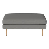 Gray upholstered ottoman with a textured pattern and natural wood legs, perfect for modern living spaces.