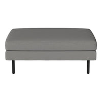 Gray upholstered ottoman with a minimalist design and subtle texture, featuring sleek black metal legs.