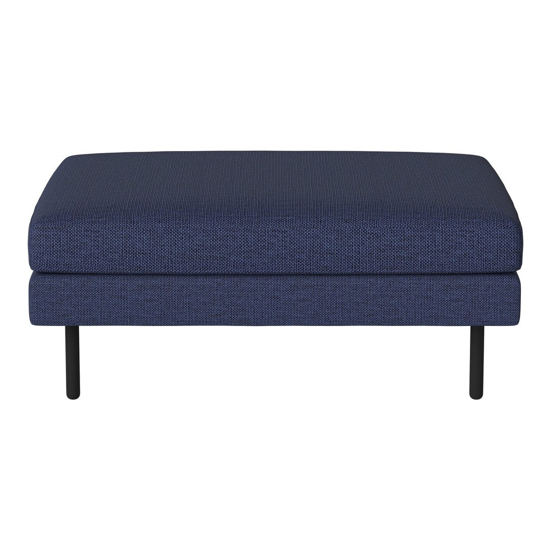 Navy blue upholstered ottoman with a textured pattern and sleek black legs. Ideal for modern living spaces.