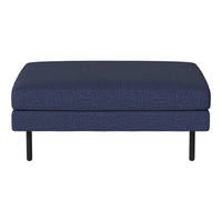 Navy blue upholstered ottoman with a textured fabric and sleek black legs. Ideal for modern decor.