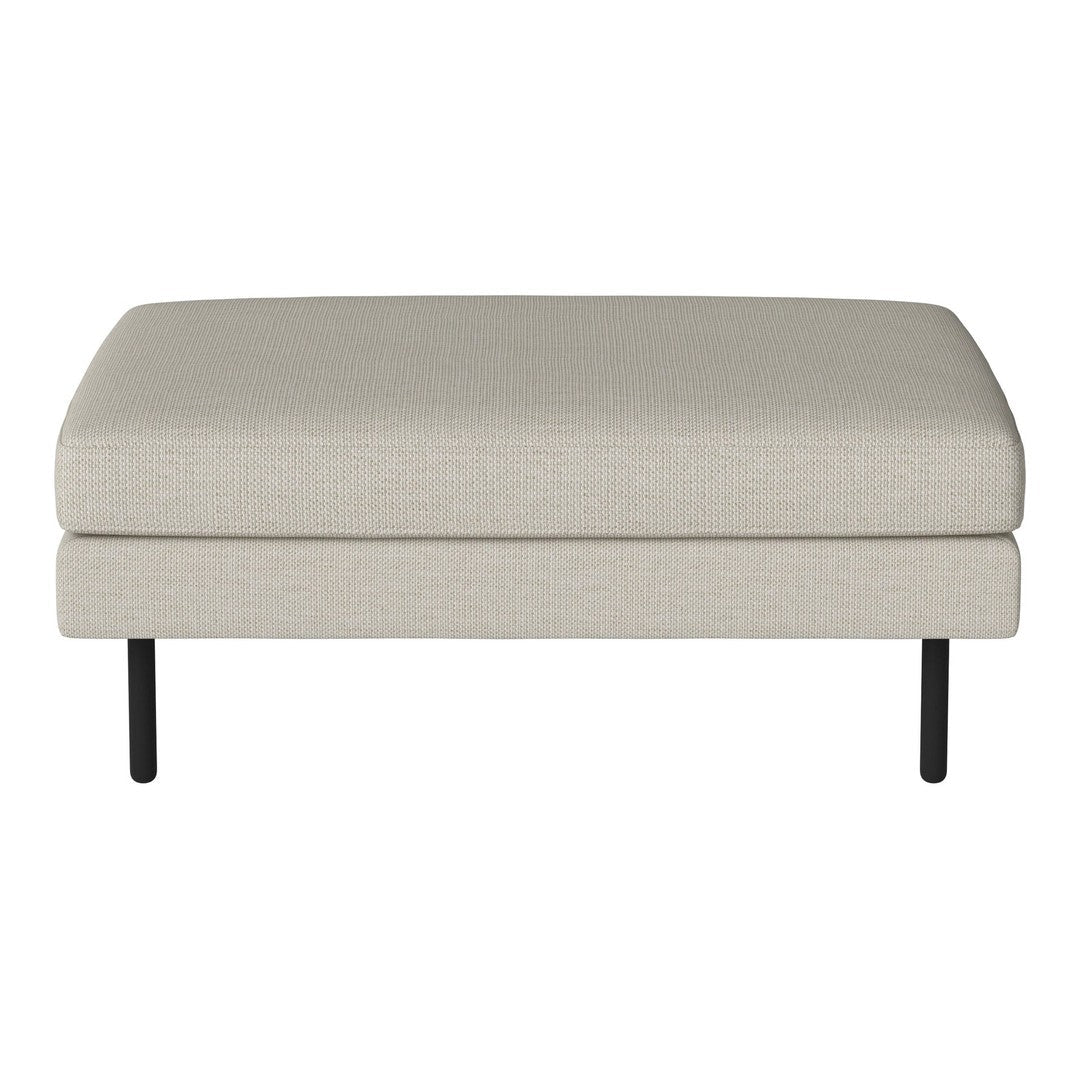 Light beige upholstered ottoman with a smooth finish, featuring sleek black legs for contemporary style.