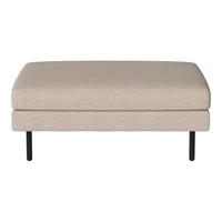Light beige upholstered ottoman with a smooth surface and black metal legs. Perfect for modern decor.