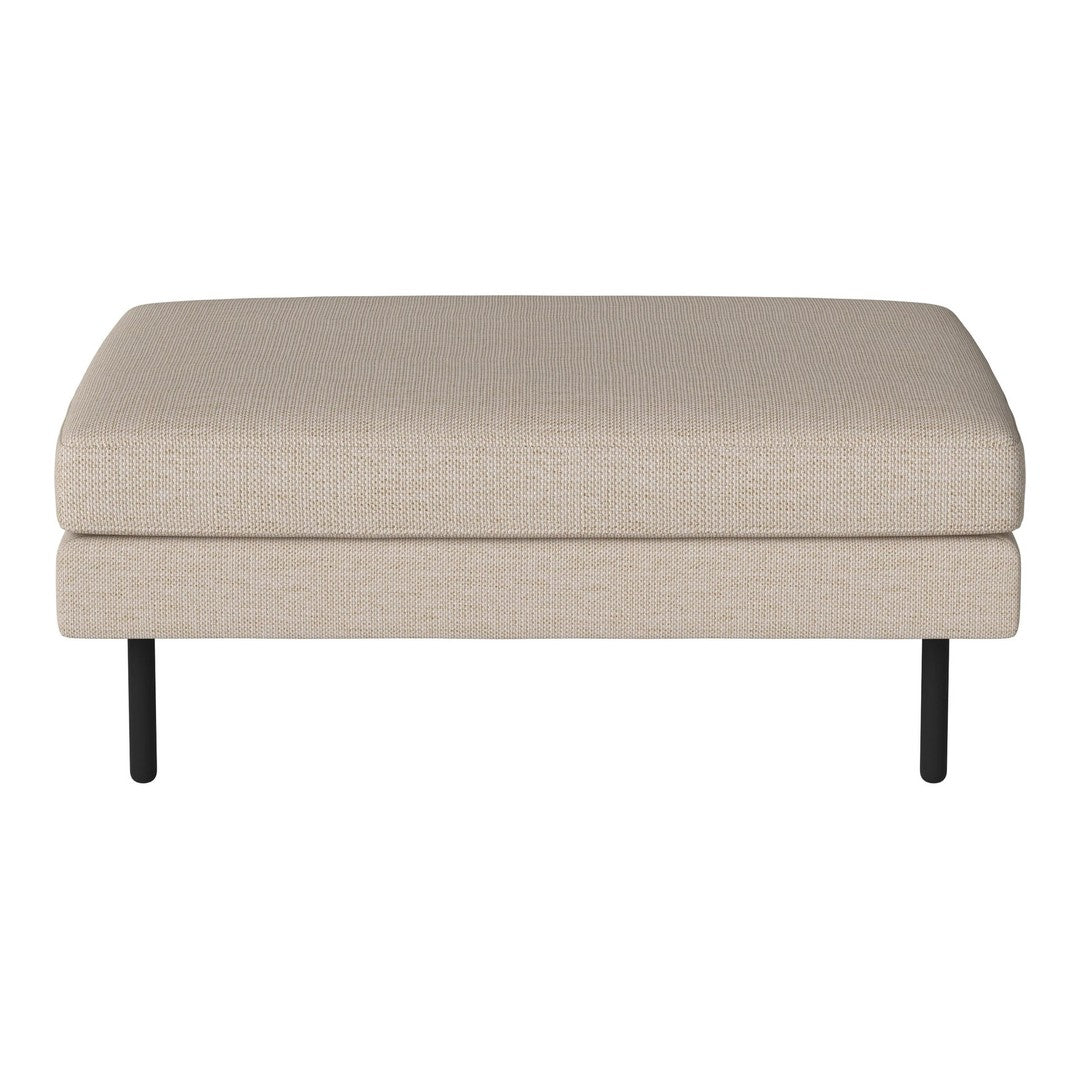 Beige upholstered ottoman with a smooth texture and black metal legs, adding a modern touch to any space.