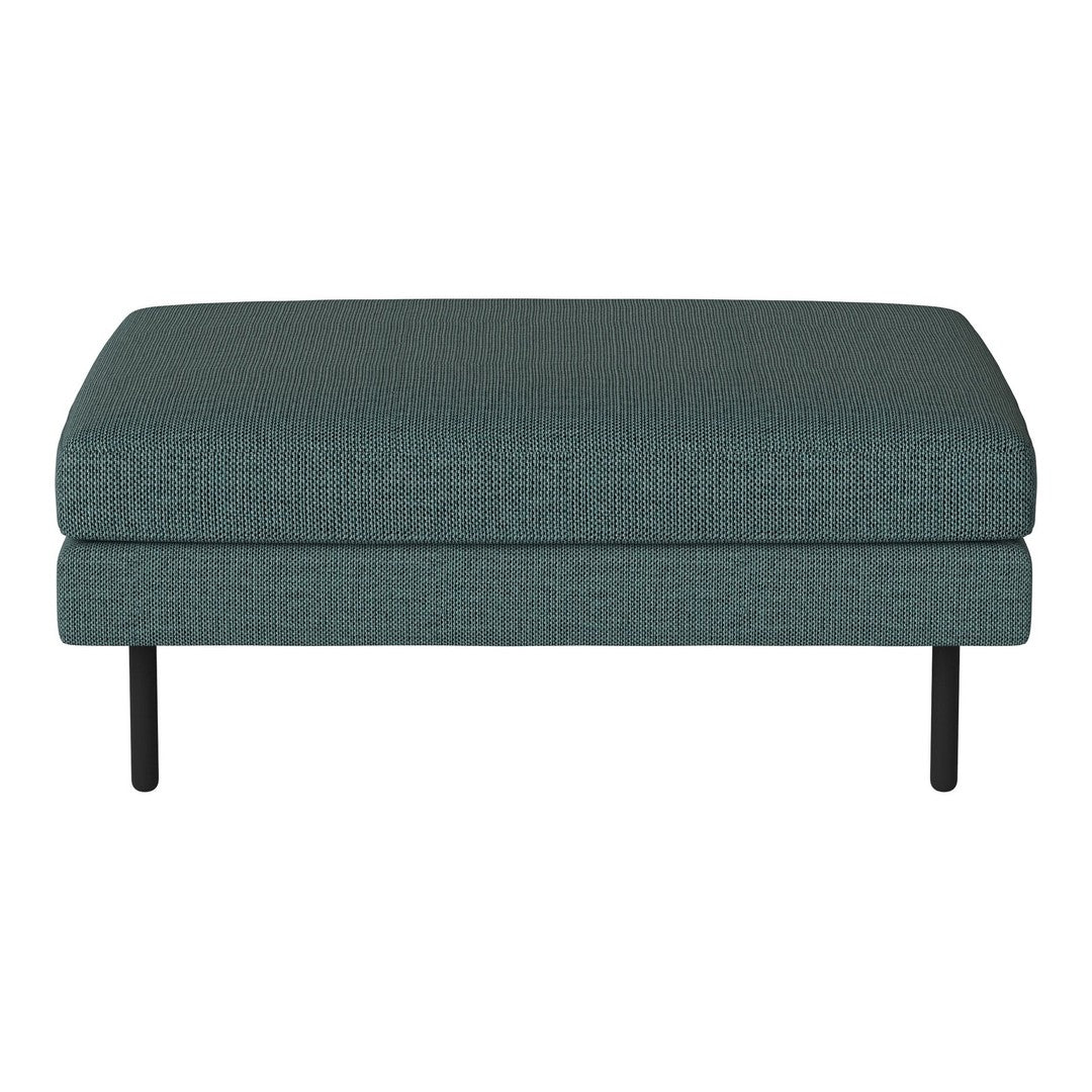 Teal upholstered ottoman with subtle textured pattern and sleek black metal legs. Perfect for modern living spaces.