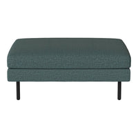 Teal upholstered ottoman with subtle textured pattern and sleek black metal legs. Perfect for modern living spaces.