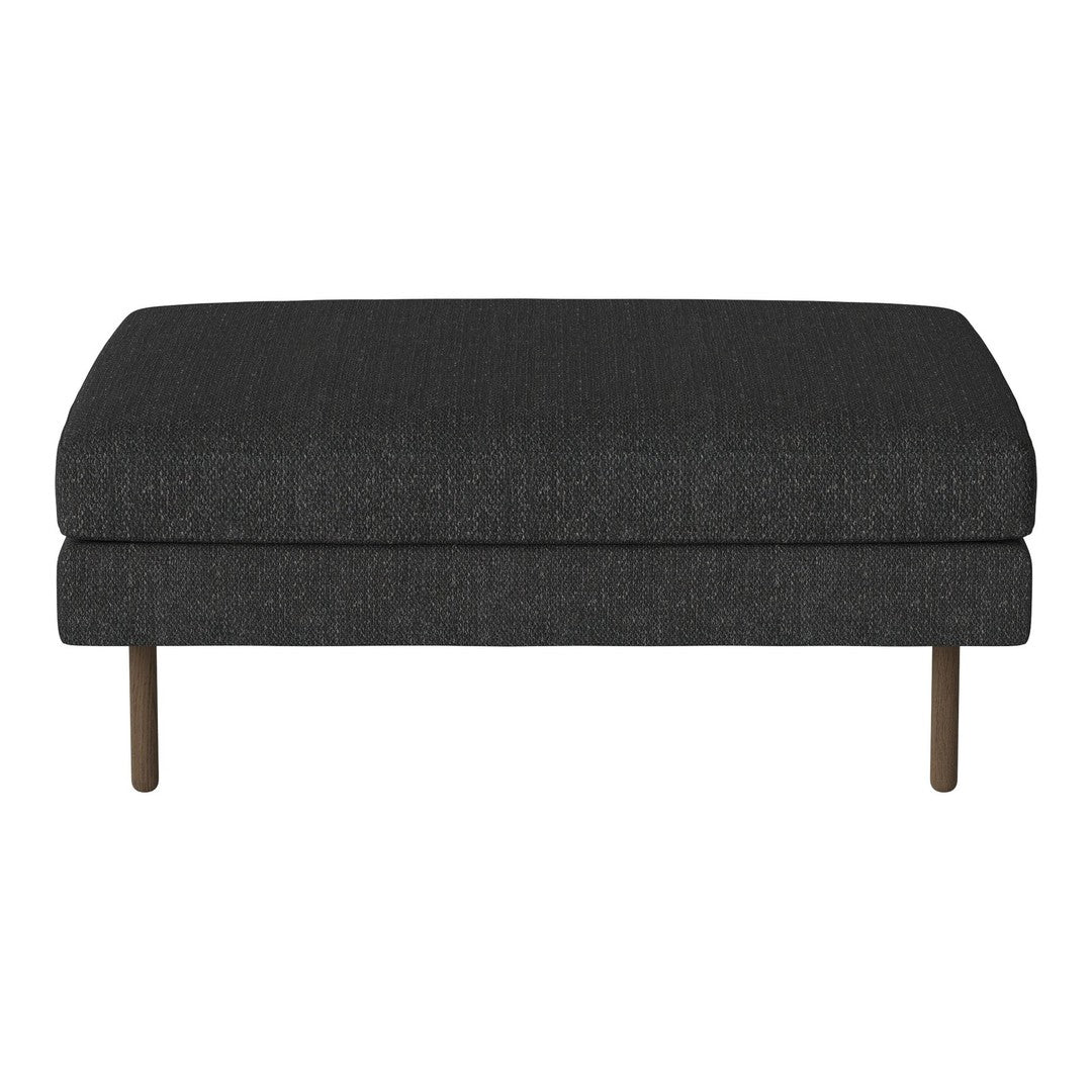 Gray textured ottoman with a sleek design and subtle pattern, featuring slender metallic legs.