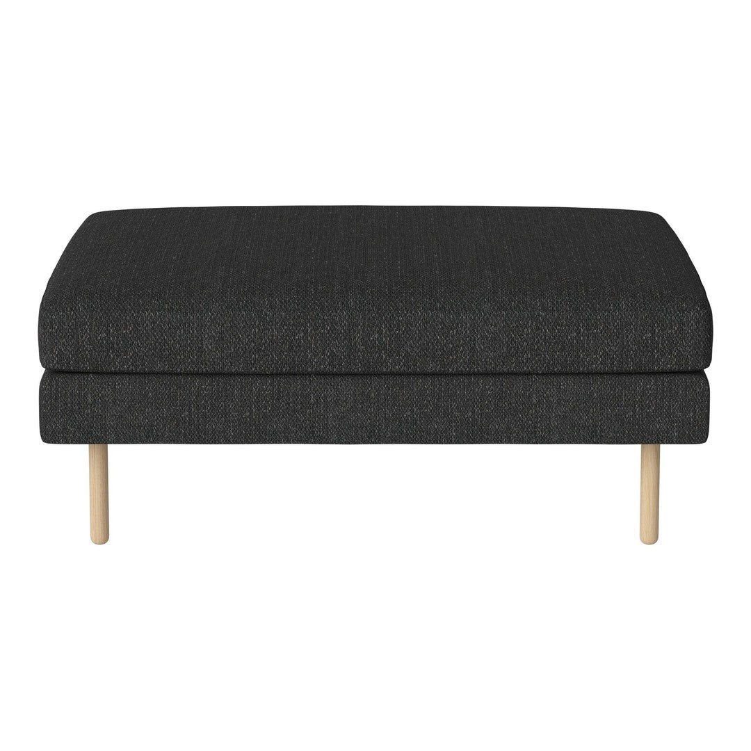 Gray upholstered ottoman with a smooth texture and light wooden legs, providing a modern and minimalist look.