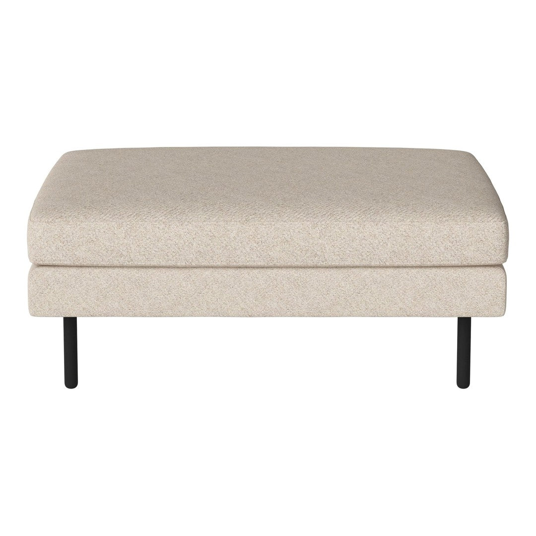 Beige upholstered ottoman with a textured pattern and sleek black metal legs. Perfect for modern decor.