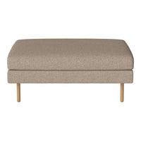 Beige upholstered ottoman with textured fabric and wooden legs, showcasing a simple, modern design.