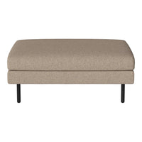 Beige upholstered ottoman with a smooth texture and simple design, supported by sleek black metal legs.