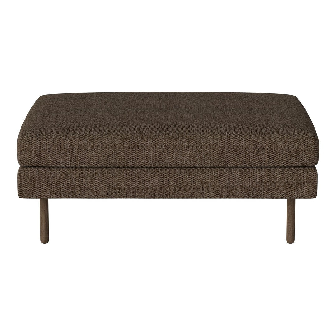 Brown upholstered ottoman with a textured fabric and sleek metal legs, offering a modern and cozy addition to any room.