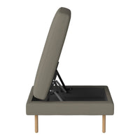 Gray fabric chaise lounge with a sleek design and wooden legs, showcasing a minimalist and modern pattern.