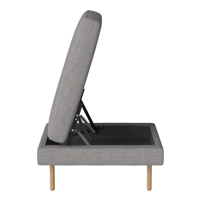 Gray upholstered chair with a minimalist design and light wooden legs, featuring a sleek, contemporary pattern.