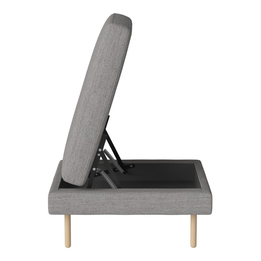 Gray upholstered sofa bed with a modern, minimalist design and light wooden legs, highlighting sleek lines and a textured finish.