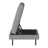Gray upholstered mattress base with clean lines and minimalist design. Features a subtle fabric texture and sleek legs.