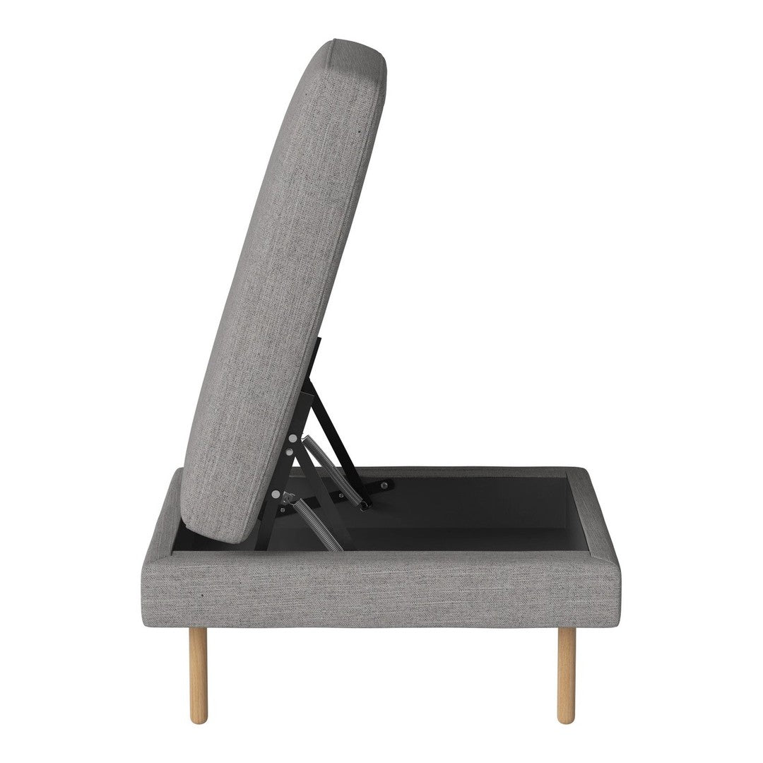 Gray fabric chaise lounge with minimalist design and light wood legs, featuring a textured pattern.