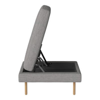 Gray fabric chaise lounge with minimalist design and light wood legs, featuring a textured pattern.