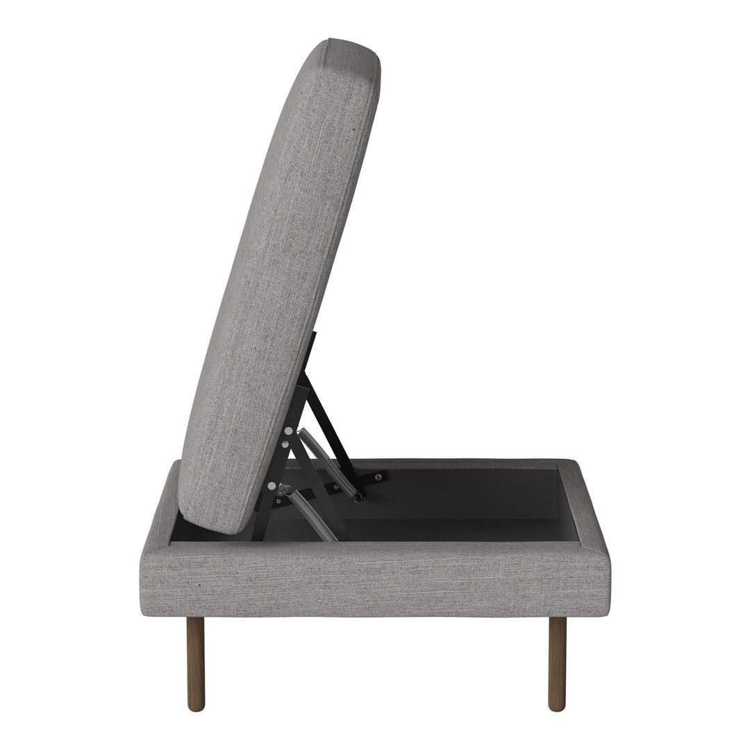 Gray upholstered chair with a sleek design and subtle textured pattern, featuring wooden legs for a modern look.